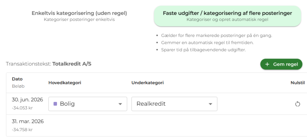 Kategorisering af flere posteringer på én gang i My Money App, hvor der gemmes en automatisk regel til faste udgifter